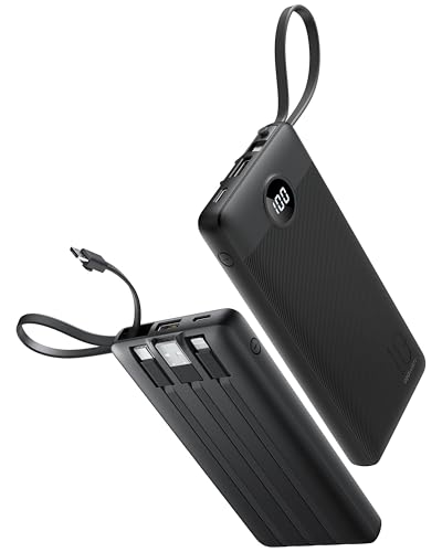 Coowisty Tragbares Ladegerät mit eingebauten Kabeln, 10.000 mAh Powerbank USB C, 5 Ausgänge, 2 Eingänge, LED-Display, Akku für Handys, Schwarz Coowisty Tragbares Ladegerät mit eingebauten Kabeln, 10.000 mAh Powerbank USB C, 5 Ausgänge, 2 Eingänge, LED-Display, Akku für Handys, Schwarz von Coowisty