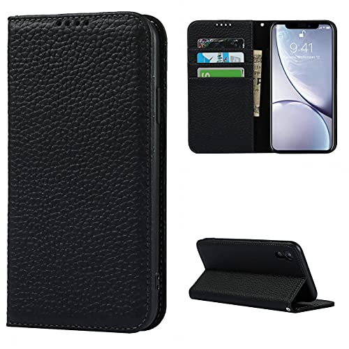 Copmob Handyhülle iPhone XR, Flip Echtleder Brieftaschen-Hülle, [4 Steckplätze] [Magnetverschluss] [mit Umhängeband], Schutzhülle für iPhone XR – Schwarz von Copmob
