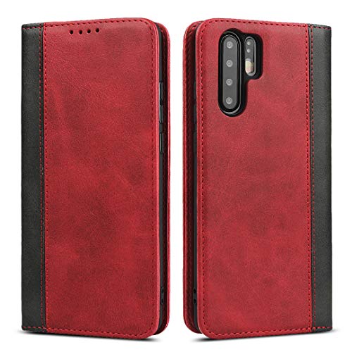 Copmob Hülle Huawei P30 Pro,Premium Flip Magnetisch Leder Brieftasche Handyhülle,[3 Kartensteckplatz][Ständerfunktion][TPU-Stoßdämpfung],Schutzhülle für Huawei P30 Pro - Rot+Schwarz von Copmob