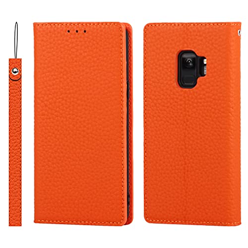 Copmob Samsung Galaxy S9 Hülle,Flip Echtleder Brieftasche Handyhülle,[3 Kartenfächer][Magnetverschluss][RFID Blocker],Klapphülle Ledertasche Schutzhülle für Samsung Galaxy S9 - Orange von Copmob