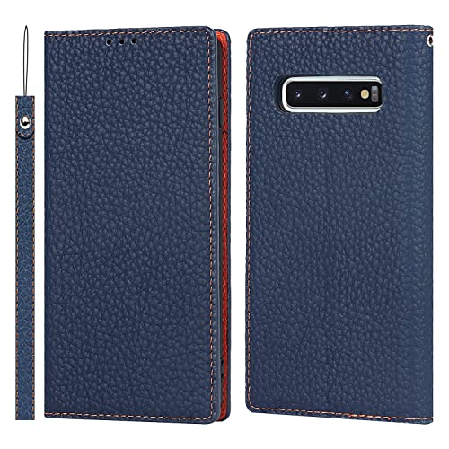 Copmob Samsung S10 Hülle Mit Band,Handyhülle Samsung S10,Flip Echtleder Geldbörse Hülle,[Mit 3 Kartenfach][Magnetverschluss][RFID Blocker],Klapphülle Schutzhülle für Samsung Galaxy S10 - Dunkelblau von Copmob