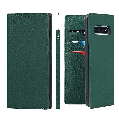 Copmob Samsung S10 Hülle Mit Band,Handyhülle Samsung S10,Flip Echtleder Geldbörse Hülle,[Mit 3 Kartenfach][Magnetverschluss][RFID Blocker],Klapphülle Schutzhülle für Samsung Galaxy S10 - Dunkelgrün von Copmob