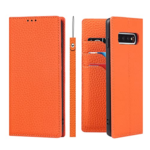 Copmob Samsung S10 Hülle Mit Band,Handyhülle Samsung S10,Flip Echtleder Geldbörse Hülle,[Mit 3 Kartenfach][Magnetverschluss][RFID Blocker],Klapphülle Schutzhülle für Samsung Galaxy S10 - Orange von Copmob