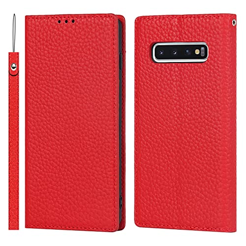 Copmob Samsung S10 Hülle Mit Band,Handyhülle Samsung S10,Flip Echtleder Geldbörse Hülle,[Mit 3 Kartenfach][Magnetverschluss][RFID Blocker],Klapphülle Schutzhülle für Samsung Galaxy S10 - Rot von Copmob