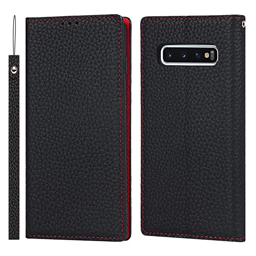 Copmob Samsung S10 Hülle Mit Band,Handyhülle Samsung S10,Flip Echtleder Geldbörse Hülle,[Mit 3 Kartenfach][Magnetverschluss][RFID Blocker],Klapphülle Schutzhülle für Samsung Galaxy S10 - Schwarz von Copmob