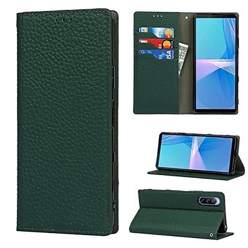 Copmob Schutzhülle für Sony Xperia 10 III, Echtleder, Flip Brieftasche [3 Schlitze] [Magnetverschluss] [RFID-Blocker], Klappschutzhülle für Sony Xperia 10 III – Dunkelgrün von Copmob