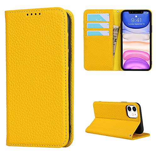 Copmob Schutzhülle für iPhone 11, Flip-Case, echtes Leder, [4 Schlitze][Magnetverschluss], Schutzhülle mit Klappdeckel für iPhone 11, Gelb von Copmob
