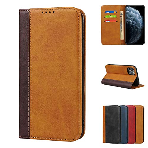 Copmob Schutzhülle für iPhone 11 Pro Max, Premium Magnetverschluss, Leder, Brieftasche, [3 Kartenfächer][Standfunktion ] [TPU Stoßfest] Schutzhülle für iPhone 11 Pro Max – Gelb + Braun von Copmob