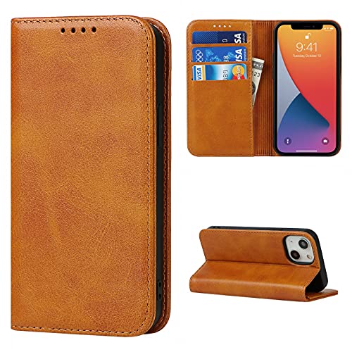 Copmob Schutzhülle für iPhone 13, Flip Wallet aus Leder, [3 Schlitze] [Standfunktion ][Magnetverschluss], Schutzhülle mit Klappdeckel für iPhone 13 – Hellbraun von Copmob