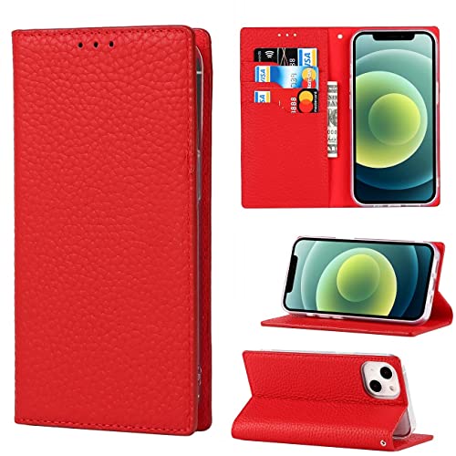 Copmob Schutzhülle für iPhone 13 Mini mit Kordel, Echtleder, Flip Brieftasche aus Leder, [3 Kartenfächern] [Magnet] [RFID-Blocker], Schutzhülle für iPhone 13 Mini, Rot von Copmob