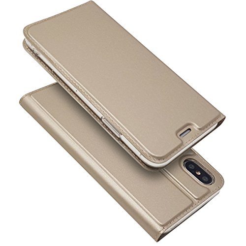 Copmob Schutzhülle für iPhone X, ultradünn, aus PU-Leder, Premium-Schutzhülle mit Klappdeckel [Stoßfest TPU] [Rundumschutz] [Kartenschlitz] [Magnet] - Gold von Copmob