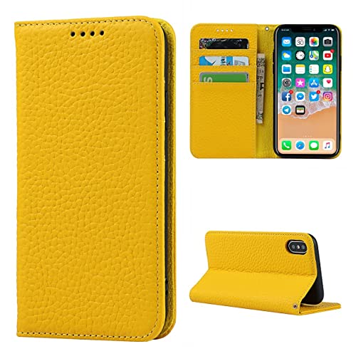 Copmob Schutzhülle für iPhone X/XS, Flip-Echtleder, Brieftasche, 4 Schlitze, Magnetverschluss, Schutzhülle für iPhone X/XS – Gelb von Copmob