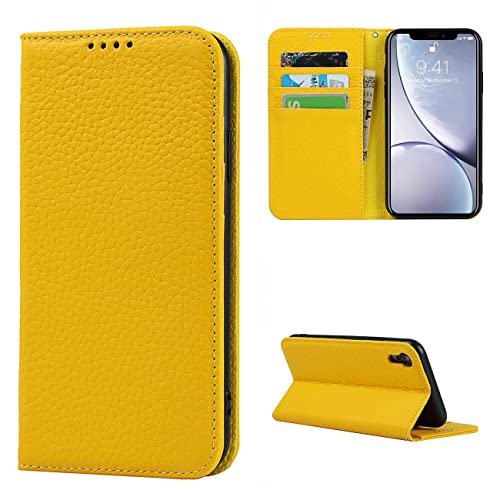Copmob Schutzhülle für iPhone XR, Flip-Echtleder, Brieftasche, 4 Schlitze, Magnetverschluss, Schutzhülle für iPhone XR, Gelb von Copmob