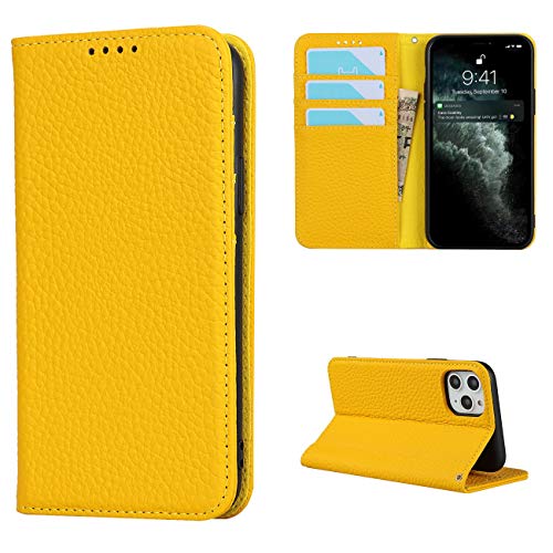 Copmob iPhone 11 Pro Max Hülle Mit Band,Flip Echtleder Brieftasche Handyhülle,[4 Kartenfächer][Magnetverschluss],Klapphülle Ledertasche Schutzhülle für iPhone 11 Pro Max - Gelb von Copmob