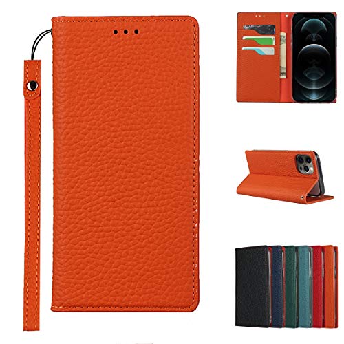 Copmob iPhone 12/12 Pro Hülle Mit Band,Flip Echtleder Brieftasche Handyhülle,[3 Kartenfach][Magnetverschluss][RFID Blocker],Klapphülle Schutzhülle Handyhülle für iPhone 12/12 Pro - Orange von Copmob