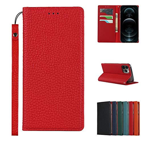 Copmob iPhone 12 Hülle, Premium Echtleder Flip Case Brieftasche 3 Kartenfächer Magnetverschluss RFID Blocker Handyhülle Schutzhülle Rot von Copmob