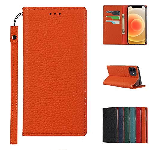 Copmob iPhone 12 Mini Hülle Mit Band,Flip Echtleder Brieftasche Handyhülle,[3 Kartenfach][Magnetverschluss][RFID Blocker],Klapphülle Schutzhülle Handyhülle für iPhone 12 Mini - Orange von Copmob
