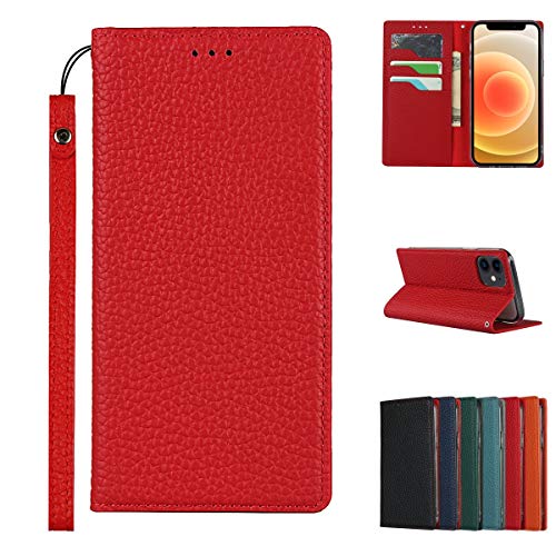 Copmob iPhone 12 Mini Hülle Mit Band,Flip Echtleder Brieftasche Handyhülle,[3 Kartenfächer][Magnetverschluss][RFID Blocker],Klapphülle Ledertasche Schutzhülle für iPhone 12 Mini - Rot von Copmob