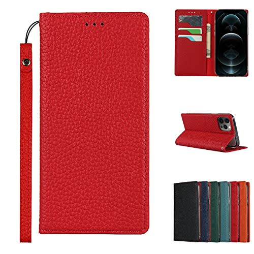 Copmob iPhone 12 Pro Max Hülle Mit Band,Flip Echtleder Brieftasche Handyhülle,[3 Kartenfächer][Magnetverschluss][RFID Blocker],Klapphülle Ledertasche Schutzhülle für iPhone 12 Pro Max - Rot von Copmob