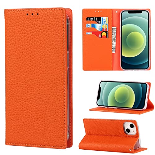Copmob iPhone 13 Mini Schutzhülle, echtes Leder, Flip Wallet aus Leder, [3 Schlitze] [Magnetverschluss] [RFID-Blocker], Klappschutzhülle für iPhone 13 Mini – Orange von Copmob