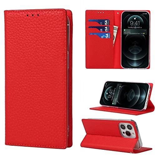 Copmob iPhone 13 Pro Schutzhülle, echtes Leder, Flip Wallet aus Leder, [3 Schlitze] [Magnetverschluss][RFID-Blocker], Klappschutzhülle für iPhone 13 Pro, Rot von Copmob