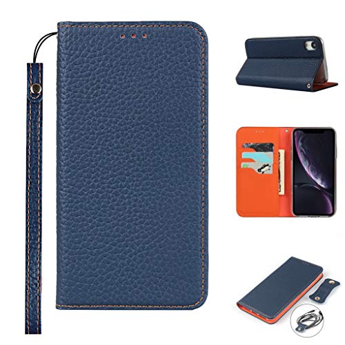 Copmob iPhone XR Hülle mit Kartenhalter mit Band, echtes Leder, Flip Wallet Case, [3 Slots], [Magnetverschluss], [RFID-Blockierung], Handyhülle für iPhone XR – Dunkelblau von Copmob
