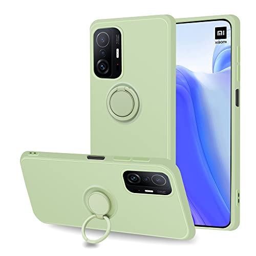 Coqibel Flüssiges Silikon Hülle für Xiaomi Mi 11T / Xiaomi Mi 11T Pro [360° Ring Kickstand und Auto Halterung Funktion], Cover mit Mikrofaser Liner hat schlanken Ganzkörperschutz - Teegrün von Coqibel