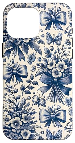 Blau Weiß Schleifen Chinoiserie Toile Muster Hülle für iPhone 16 Pro Max von Coquette Aesthetic