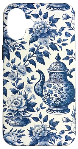 Blau-weißer Teekessel Chinoiserie Toile Muster Hülle für iPhone 16 Plus von Coquette Aesthetic