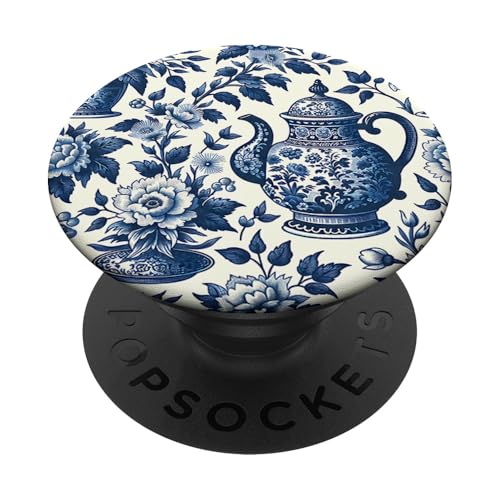 Blau-weißer Teekessel Chinoiserie Toile Muster PopSockets Klebender PopGrip von Coquette Aesthetic