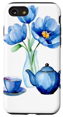Elegante blaue Chinoiserie Aquarell Teekanne Teetasse Floral Hülle für iPhone SE (2020) / 7 / 8 von Coquette Aesthetic