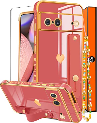 Coralogo Herz für Google Pixel 7 Hülle 6,3 Zoll für Frauen Mädchen Girly Cute Pretty Phone Cases with Stand Red Gold Love Hearts Plated Design Aesthetic Cover + Bildschirm + Kette für Pixel 7 5G 2022 von Coralogo