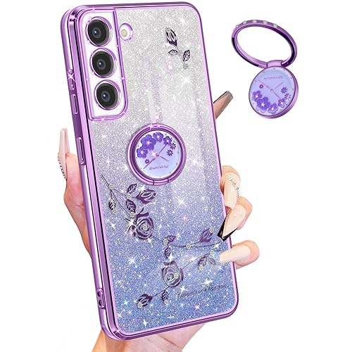 Coralogo Schutzhülle für Samsung Galaxy S21 FE 5G (16,4 cm), 3-in-1, glitzernd, glitzernd, für Damen und Mädchen, niedliches Blumen-Design mit Ring, Violett von Coralogo