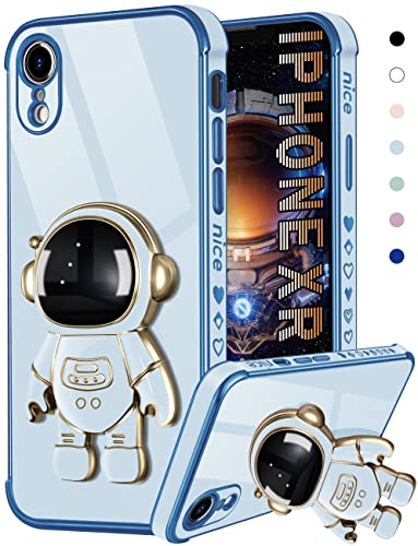 Coralogo Schutzhülle für iPhone XR, niedlich, für Frauen, Mädchen, Mädchen, einzigartige blaue Handyhüllen mit Astronaut, verstecktem Ständer, Ständer, 6D-Design, Abdeckung für iPhone XR 6,1 Zoll von Coralogo