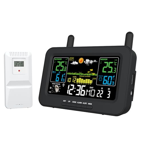 Coraltree Weather Station Wetterstation Funk mit Außensensor Farbdisplay,Innen Aussen Digital Thermometer,Hydrometer Feuchtigkeit, DCF Empfangssignal Funkuhr,Mondphase und Barometrischer mit Adapter von Coraltree