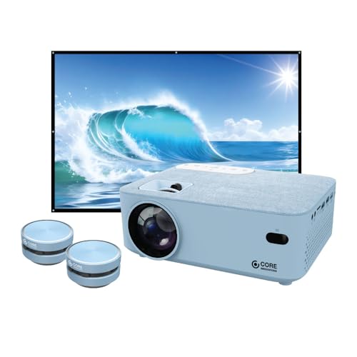 Core Innovations Heimkino-Set mit Projektor, 120-Zoll-Bildschirm und zwei Mini-Bluetooth-Sofort-Lautsprechern mit drahtloser Knochenleitung, Meerblau Core Innovations Heimkino-Set mit Projektor, 120-Zoll-Bildschirm und zwei Mini-Bluetooth-Sofort-Lautsprechern mit drahtloser Knochenleitung, Meerblau von Core Innovations