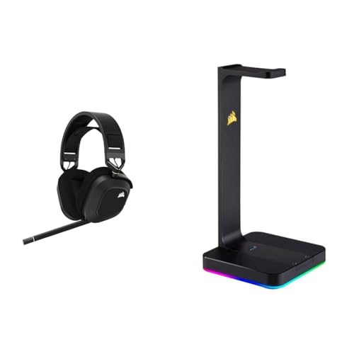Corsair HS80 RGB Wireless Premium-Gaming-Headset mit Dolby Atmos (18 m Reichweite) Carbon & ST100 Premium Kopfhörer-Ständer (2X USB 3.1, Aluminium, 7.1 Dolby Audio Ausgang) schwarz von Corsair