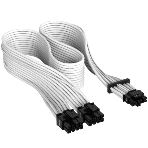 Corsair Premium 600W PCIe 5.0 / Gen 5 12VHPWR-Netzteilkabel – Passend für Typ-4-Netzteile über Zwei 8-Pin-PCIe-Anschlüsse – 12+4-Pin-Stecker – Mesh-Paracord-Ummantelung – Weiß von Corsair