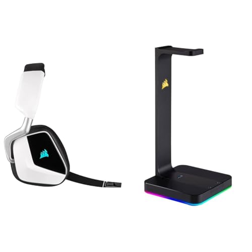 Corsair Void Elite RGB Wireless Gaming Headset (7.1 Surround Sound, 12 Meter Reichweite) Weiss & ST100 Premium Kopfhörer-Ständer (2X USB 3.1, Aluminium, 7.1 Dolby Audio Ausgang) schwarz von Corsair