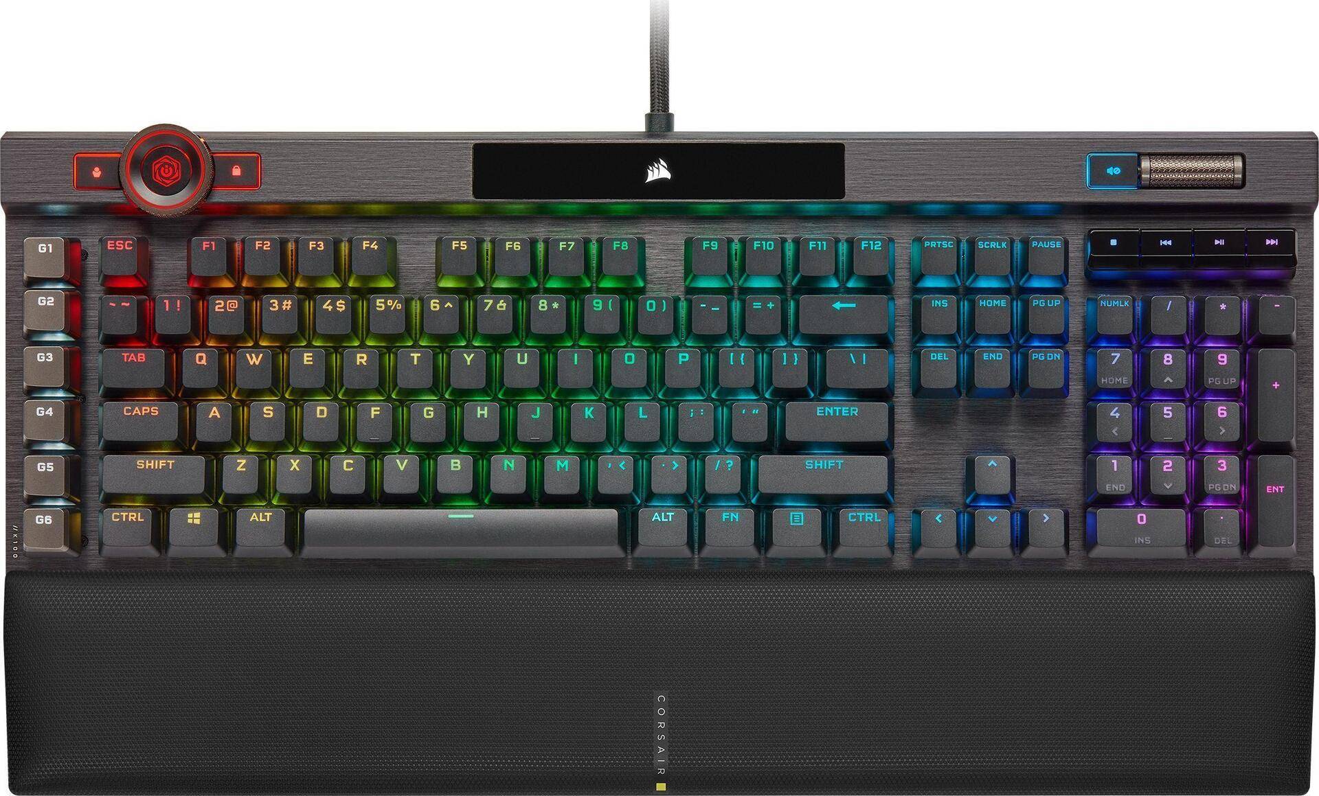 Optische mechanische Gaming-Tastatur CORSAIR K100 RGB mit RGB-LED-Beleuchtung CORSAIR OPX RAPIDFIRE schwarze PBT-Tastenkappen (CH-912A01A-NA) von Corsair