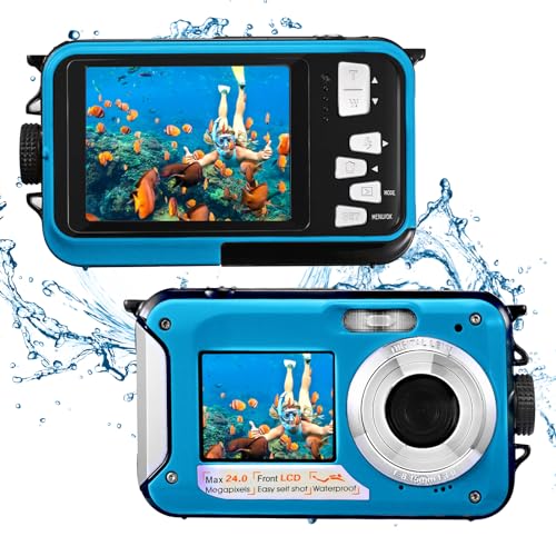 Couleeur Unterwasserkamera Full HD 2.7K 48MP,Digitalkamera wasserdichte Doppelbildschirm Anti-Shake mit LED-Mikrofon 16 x Digital zoomSnorkelling,Unterwasserkamera for Self-Timer Underwater (Blau) von Couleeur