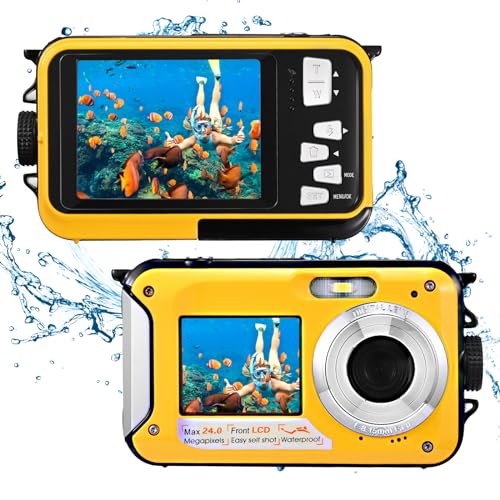 Couleeur Unterwasserkamera Full HD 2.7K 48MP,Digitalkamera wasserdichte Doppelbildschirm Anti-Shake mit LED-Mikrofon 16 x Digital zoomSnorkelling,Unterwasserkamera for Self-Timer Underwater (Gelb) von Couleeur