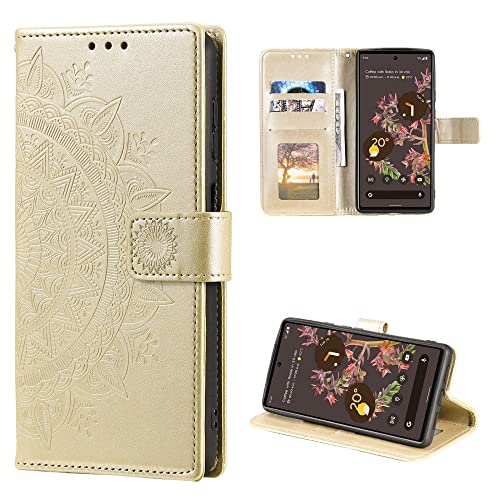 CoverKingz Handy Case kompatibel mit Google Pixel 6 - Handy Cover mit Kartenfach Phonecase - Smartphone Hülle klappbar Motiv Mandala Gold von CoverKingz
