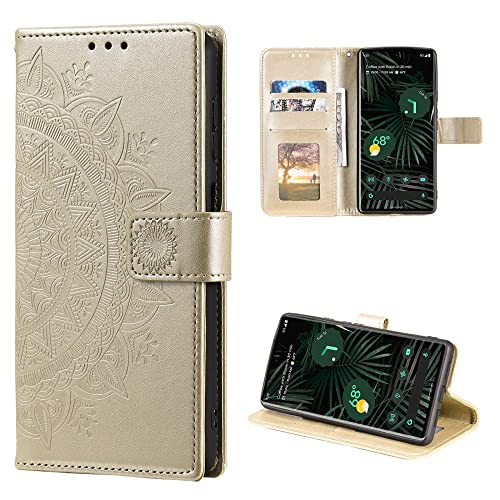 CoverKingz Handy Case kompatibel mit Google Pixel 6 Pro - Handy Cover mit Kartenfach Phonecase - Smartphone Hülle klappbar Motiv Mandala Gold von CoverKingz