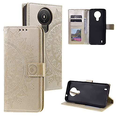 CoverKingz Handy Case kompatibel mit Nokia 1.4 - Handy Cover mit Kartenfach Phonecase - Smartphone Hülle klappbar Motiv Mandala Gold von CoverKingz