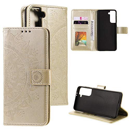 CoverKingz Handy Case kompatibel mit Samsung Galaxy S21 5G - Handy Cover mit Kartenfach Phonecase - Smartphone Hülle klappbar Motiv Mandala Gold von CoverKingz