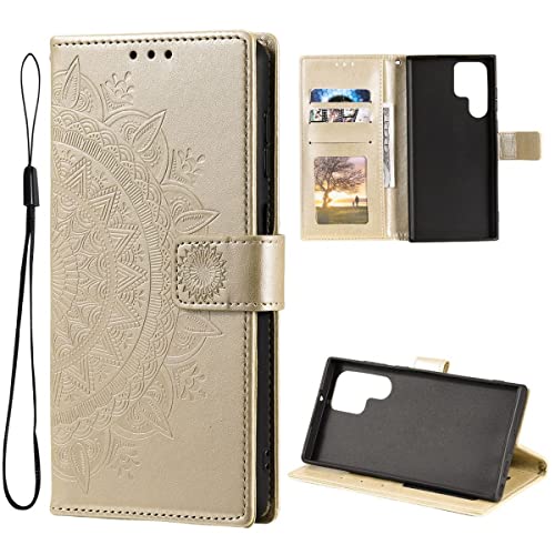 CoverKingz Handy Case kompatibel mit Samsung Galaxy S22 Ultra - Handy Cover mit Kartenfach Phonecase - Smartphone Hülle klappbar Motiv Mandala Gold von CoverKingz