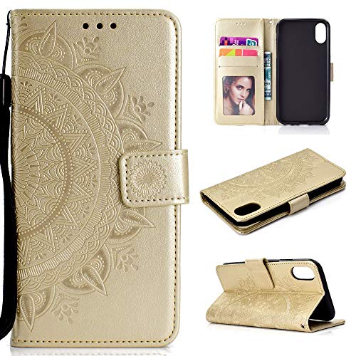 CoverKingz Handy Case kompatibel mit Xiaomi Redmi 9A - Handy Cover mit Kartenfach Phonecase - Smartphone Hülle klappbar Motiv Mandala Gold von CoverKingz