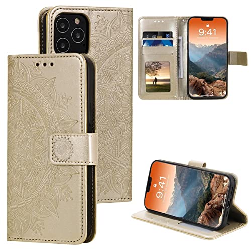 CoverKingz Handy Case kompatibel mit iPhone 12 Pro Max [6,7 Zoll] - Handy Cover mit Kartenfach Phonecase - Smartphone Hülle klappbar Motiv Mandala Gold von CoverKingz