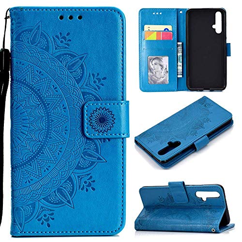 CoverKingz Handy Cover kompatibel mit Huawei Nova 5T - Handyschutz mit Kartenfach Klapphülle - Bookcase Hülle aufklappbar Motiv Mandala Blau von CoverKingz